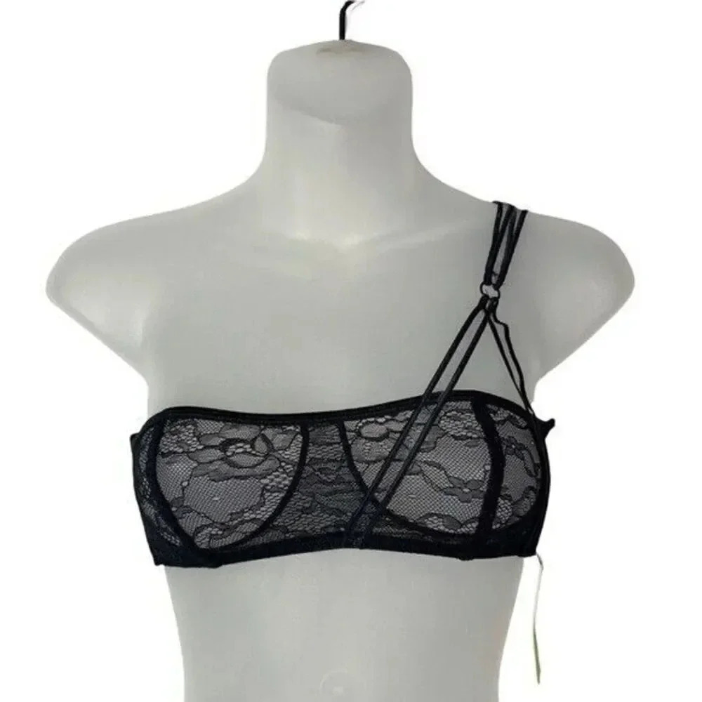 Sam Edelman Black Asymmetric Lace Bandeau Bralette S